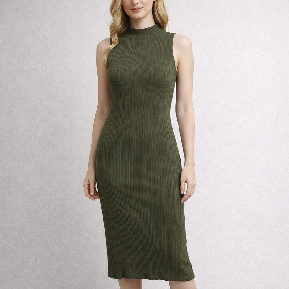 Cloth & Stone Olive Green Ribbed Bodycon Midi Dress XS Sleeveless Minimalist